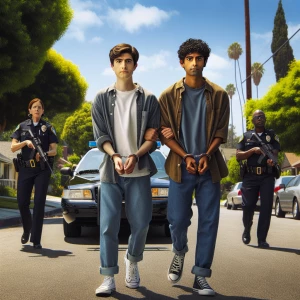 Image of two handcuffed 15-year-old  Caucasian boys with their h...