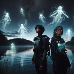 Two girls are standing near the lake at night in a hydro suit an...