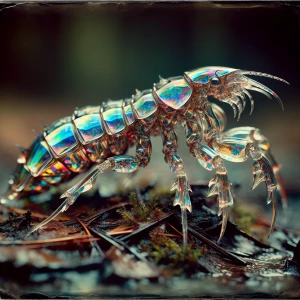 A shimmering crystal crawler, its body a spectacular mosaic of r...