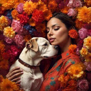 A beautiful woman holding and kissing a pitbull puppy surrounded...