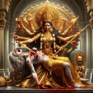 portrait of angry looking goddess durga sitting on a gold crown...