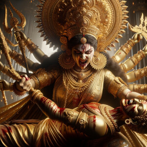 portrait of angry looking goddess durga sitting on a gold crown and carrying a weak mahishasur on her lap and stabbing him with her amazingly designed trident. She is wearing gold armor, a huge gold crown, gold saree, abundant  gold jewelry, covered in blood. The scene is set in ancient India. The image is 8K resolution, cinematic, ultra detailed face and epic.