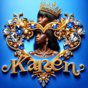 Craft a 3-D image showcasing the name 'KAREN' in a luxurious gol...