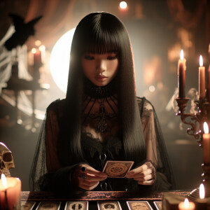 A medium-built Asian woman with long black hair and bangs, dress...