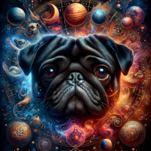 Pug astrology headshot realism astrology symbolism planets space...