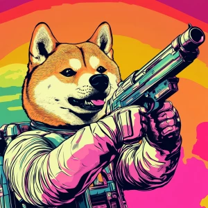 MEME DOGE in GTA art style — a laser gun in a chrome space suit...