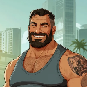 A muscular man with a big chin and beard who smiles in GTA style