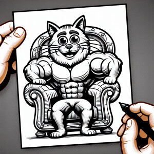 A cartoon. A fit smiling cat sitting in an armchair