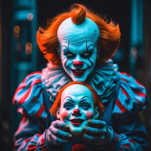 Sinister clown that strongly resembles pennywise is holding a li...