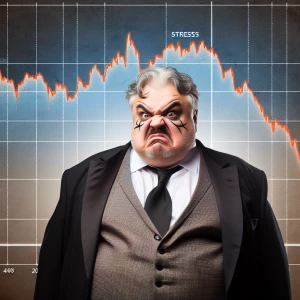 A portly politician displaying a furious expression with a backd...