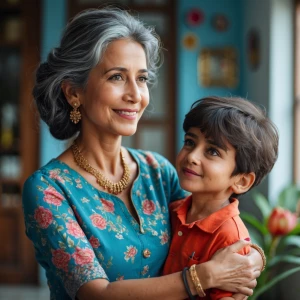 45 year old lady welcoming a Young nephew tobher home and looks...