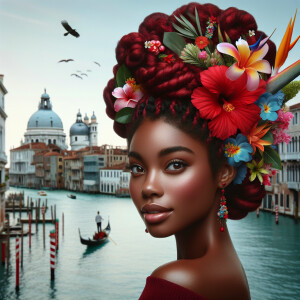 A young woman with Afro-Caribbean features, sporting a Ruby Red...