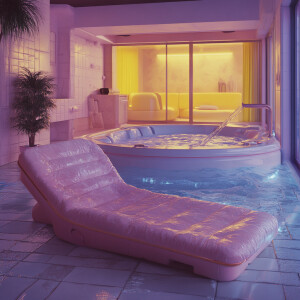 Photorealistic image. 90s hottub party. Chaise lounge in front e...