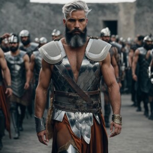 Models with beards and gray hair, showcasing a modern Gladiator-...