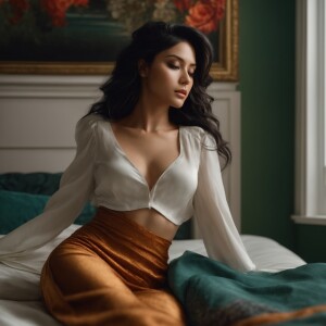 Bayonetta reclining on a bed, hands clasped behind her head, cla...