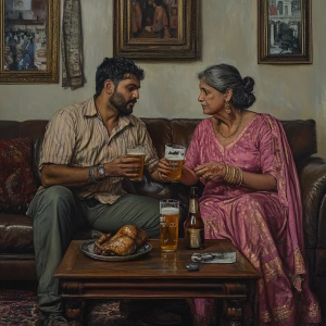 Photorealism,a muscular   criminal man sitting drinking beer wit...