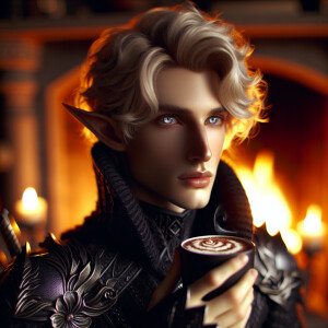 Caranthir-Ar-Fieniel from the Witcher drinks hot cocoa in front...