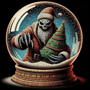 Krampus holds a snow globe in his hand, with a Christmas tree ca...