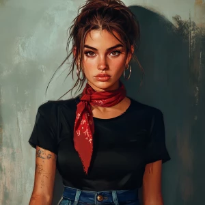 girl with brown hair, thick eyebrows, pumped up lips, potato nos...