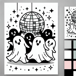 Create a detailed black and white line drawing depicting playful...