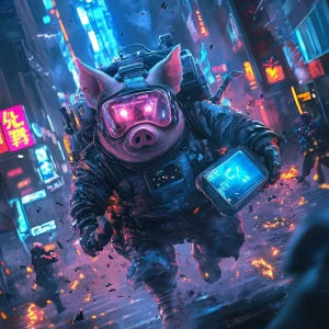 Stylized portrait of a futuristic pig in a scratched, bulky cosm...