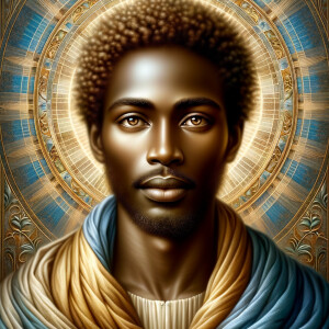 Create a beautiful African-American Jesus Christ with Hazel, brown eyes and blue and gold robe