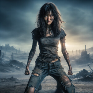 Skinny and thin Asian teen girl wearing skin tight jeans that are worn and frayed, long hair and bangs heroic ready to fight stance