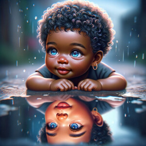 A curious cute african-American, baby with huge blue eyes and cu...