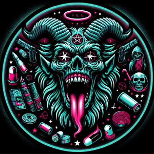 "Create a circular logo design featuring a demonic character wit...
