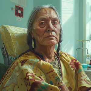 Create a realistic image of a native american sitting in a docto...
