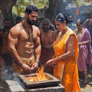 realism art style,a muscular beefy sweaty man standing around fi...