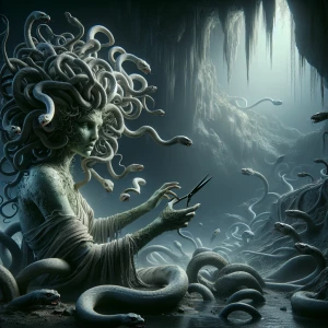 Create an image of Medusa holding shears, her snake hair express...
