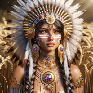 Create a 3-D beautiful, majestic Indigenous woman with a richly detailed headdress made of white feathers and beaded headband adorned with purple gems. Her dark brown hair is styled in long, thick braids that fall over her shoulders. She has face paint below her eyes and is adorned with elaborate golden jewelry, including a necklace with a prominent sun pendant, intricate chest armor, and dangling earrings with purple jewels. The background suggests a natural, earthy setting with hints of golden wheat, enhancing her regal and warrior-like presence."