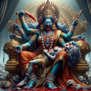 portrait of angry looking goddess kali, blue skinned, sitting on a gold crown and carrying a weak mahishasur on her lap and stabbing him with her amazing red finger nails. She is wearing diamond armor, a huge diamond crown, red saree, abundant diamond jewelry, covered in blood. The scene is set in ancient India. The image is 8K resolution, cinematic, ultra detailed face and epic.