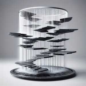 Create a design for a floating waterfall fountain featuring segm...