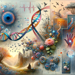 circuitry, diagrams Cellular structures, DNA, circuit boards, colorful wires,  asian and Egyptian  graffiti, lie detector graphs, cardio, printout , branches infinity sign, cave, Art, handprints, distant birds flying, flowering vines, abstract gestural painting, dna