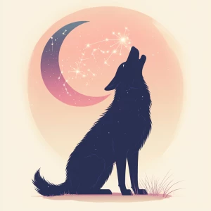 A cosmic wolf howling at a glowing crescent moon, with constella...