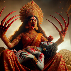 portrait of angry looking goddess durga sitting on a gold crown...