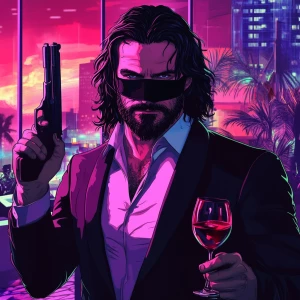 A man with long, dark hair and a beard, wearing a black suit and...