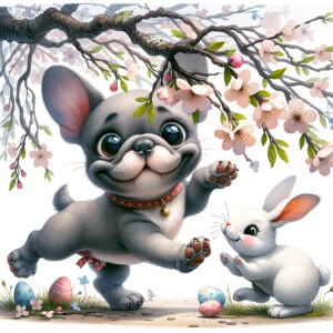 A whimsical, folksy art image of a mischievous little grey french bulldog with very big eyes playing under blossom tree branches, add white Easter rabbit, fantasy art, watercolour