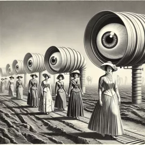 Create a monochromatic, early 20th-century science fiction scene...