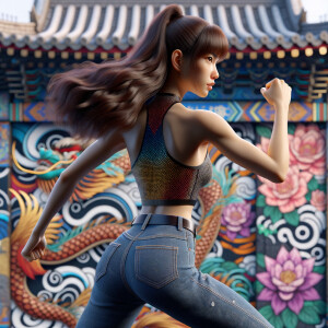 Athletic Thin skinny Attractive, Asian teenage girl, long brown hair and bangs, wearing tight skinny jeans and a halter top paint marks on her clothing, heroic pose Asian graffiti background, backside view