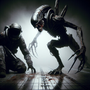 Venom, clad in a tattered and blood-stained suit, is poised on h...