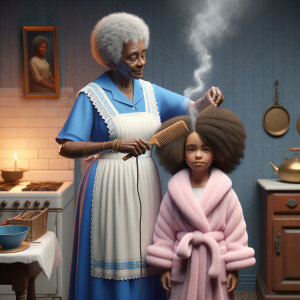 Create a realistic 3-D image of an african-American grandmother wearing a blue house dress and a white apron . She is in the kitchen with her african-American granddaughter. Her granddaughter is wearing a pink bath robe. The grandmother has a hot comb in her hand and she is straightening her granddaughters hair. One side of her granddaughters hair is in  a Afro the other straight 
There is smoke coming from the hot comb
The granddaughter is making a face