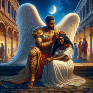 Create an oil painting image featuring a male angel and a grievi...