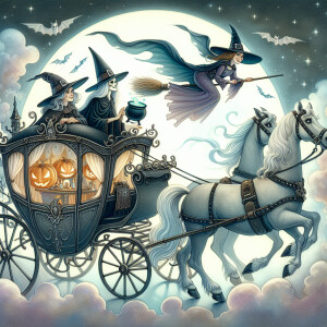 Pastel halloween haunted carriage ride with witches inside the c...