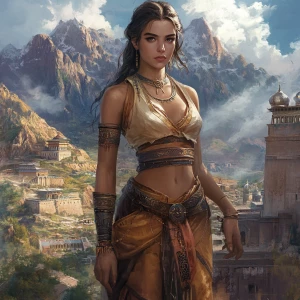 Depict Mugala, a 5th century BC heroine on the Silk Route, showc...