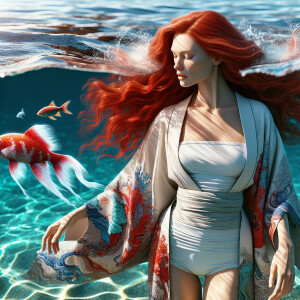 A hyper realistic 4d image of a beautiful woman with red flowing...