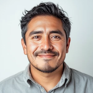 Create a modern-day portrait of a joyful 34-year-old Mexican man...