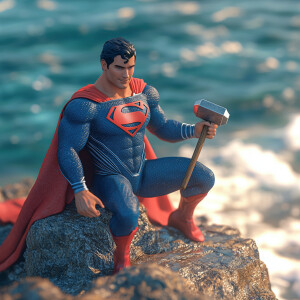 Create a realistic 3D anime-style scene featuring Superman, the...